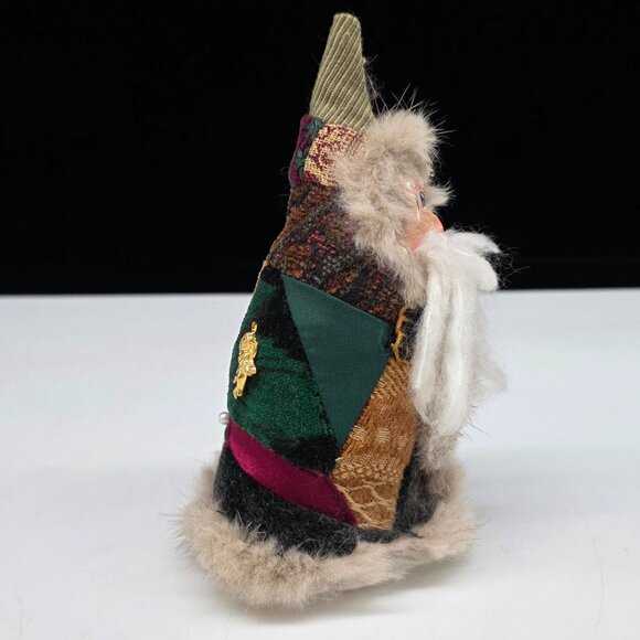 Handmade Fuzzy Santa Art Doll Multicolor Patchwork Design Gold utton Accents - Picture 3 of 8
